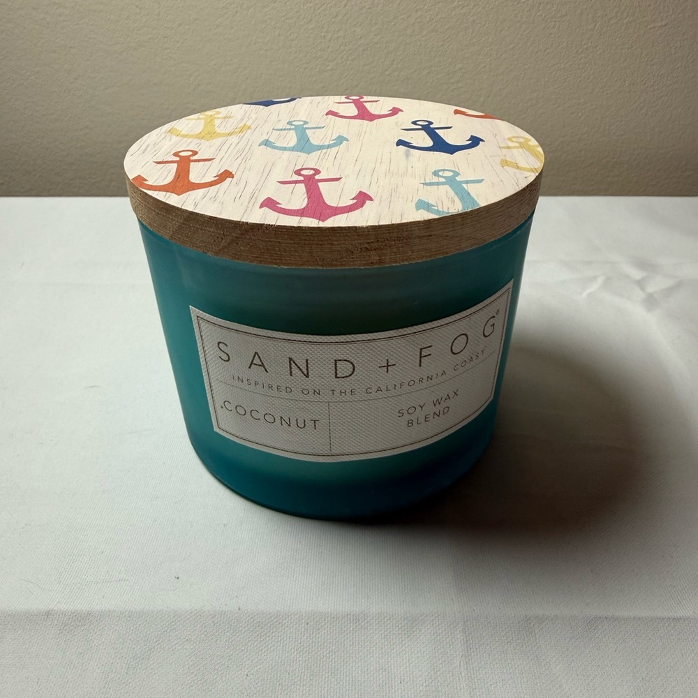 SAND + FOG Coconut Scented Soy Wax Candle - Teal Glass with Anchor Lid
